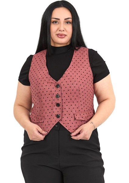 Büyük Beden Düğme Kapamalı Cep Kapaklı Astarlı Kısa Puanlı Gül Kurusu Yelek indirimleri