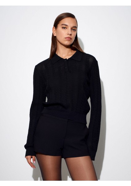 10827 Polo Yaka Ince Triko Bluz-Siyah