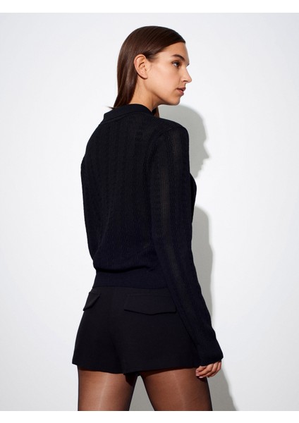 10827 Polo Yaka Ince Triko Bluz-Siyah fiyatları