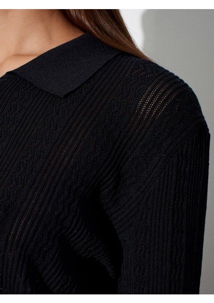 10827 Polo Yaka Ince Triko Bluz-Siyah fırsatları