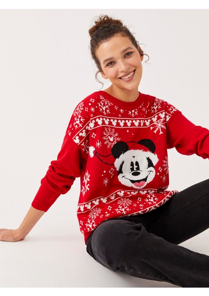 Yeni Sezon Bisiklet Yaka Mickey Mouse Baskılı Uzun Kollu Kadın Triko Kazak