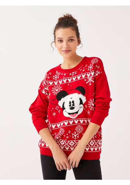 Yeni Sezon Bisiklet Yaka Mickey Mouse Baskılı Uzun Kollu Kadın Triko Kazak modelleri