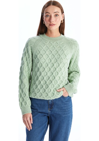 Yeni Sezon Bisiklet Yaka Kendinden Desenli Uzun Kollu Kadın Triko Kazak