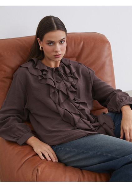 Yeni Sezon Bisiklet Yaka Fırfırlı Bluz