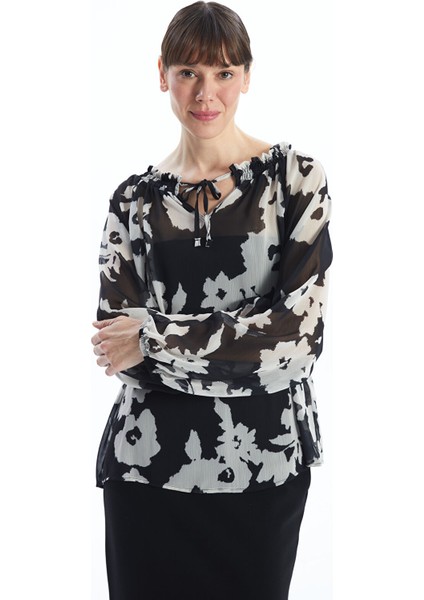 Yeni Sezon Bağlamalı Yaka Çiçekli Şifon Kadın Bluz