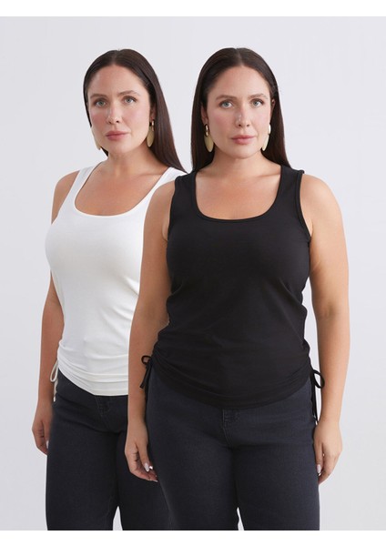 Yeni Sezon Büyük Beden Kare Yaka Büzgülü Kadın Atlet 2'li