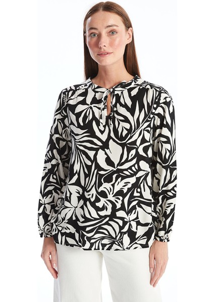 Yeni Sezon Bağlamalı Yaka Desenli Uzun Kollu Kadın Bluz