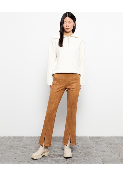 Yeni Sezon Ispanyol Paça Düz Yırtmaç Detaylı Süet Kadın Pantolon