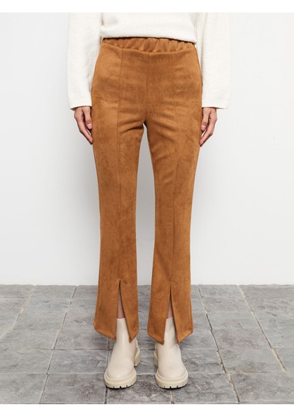 Yeni Sezon Ispanyol Paça Düz Yırtmaç Detaylı Süet Kadın Pantolon modelleri