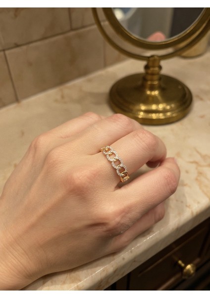 Taşlı Zincir Form Ayarlanabilir Çelik Yüzük – Gold Renk / Aurora Collection