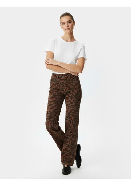 Normal Bel Düğmeli Düz Paça Zebra Desenli Jean Pantolon - Straight Fit Jean