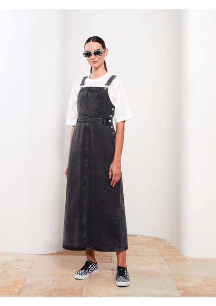Yeni Sezon Askılı Cep Detaylı Kadın Jean Elbise