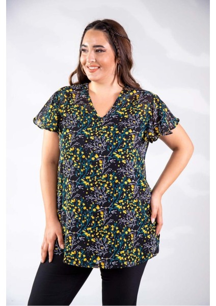 Kadın Büyük Beden V Yaka Çiçekli Sarı Bluz modelleri