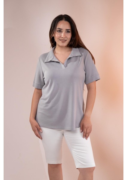 Kadın 1112038 Büyük Beden Gömlek Yaka Gri Bluz