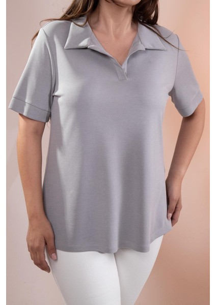 Kadın 1112038 Büyük Beden Gömlek Yaka Gri Bluz modelleri