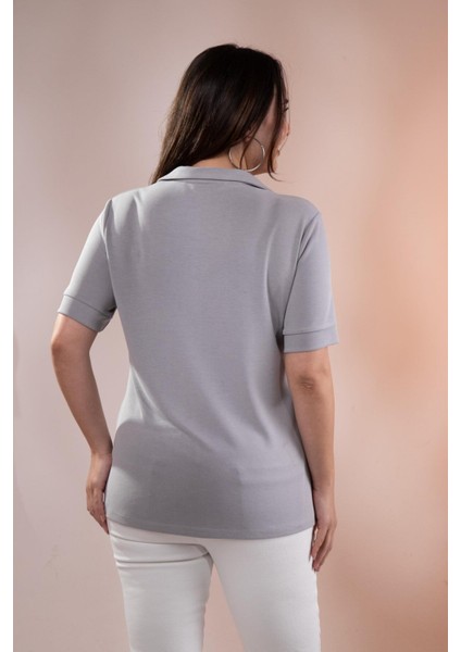 Kadın 1112038 Büyük Beden Gömlek Yaka Gri Bluz