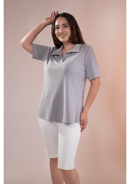 Kadın 1112038 Büyük Beden Gömlek Yaka Gri Bluz