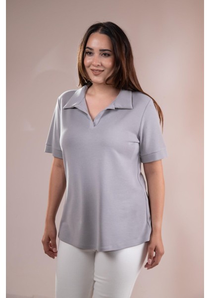 Kadın 1112038 Büyük Beden Gömlek Yaka Gri Bluz