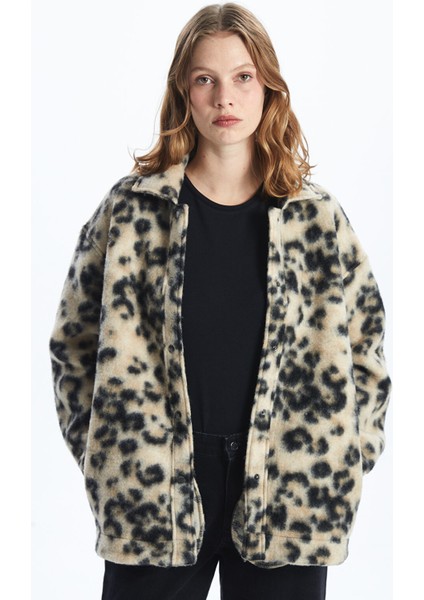 Yeni Sezon Leopar Desenli Oversize Kadın Pelüş Gömlek Ceket