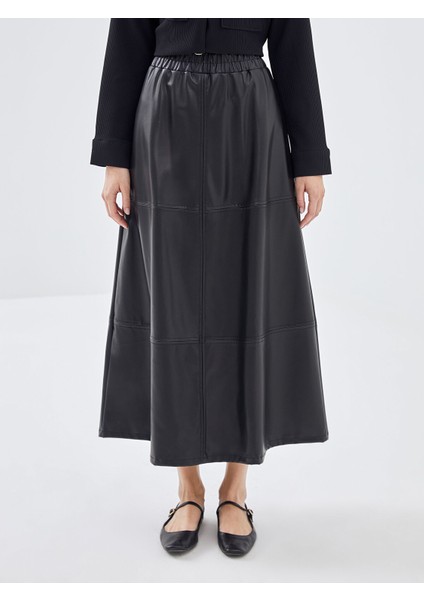 Yeni Sezon Beli Lastikli Deri Görünümlü Kadın Etek modelleri