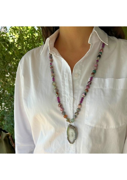 Dantel Akik ve Mor Akik Doğal Taş Akuamarin Doğaltaş Uçlu Özel Tasarım Kadın Uzun Kolye modelleri