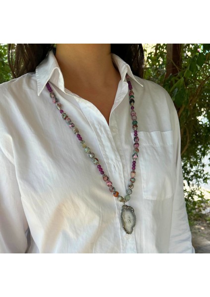 Dantel Akik ve Mor Akik Doğal Taş Akuamarin Doğaltaş Uçlu Özel Tasarım Kadın Uzun Kolye fırsatları