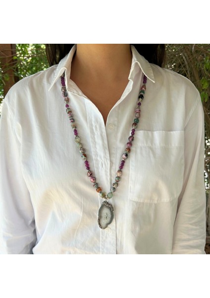 Dantel Akik ve Mor Akik Doğal Taş Akuamarin Doğaltaş Uçlu Özel Tasarım Kadın Uzun Kolye indirimleri