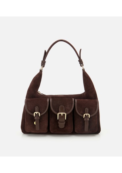 03CAH316400A480 KADIN Süet Deri Kahverengi Cepli Tokalı Omuz Çantası