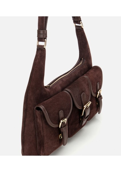 03CAH316400A480 KADIN Süet Deri Kahverengi Cepli Tokalı Omuz Çantası