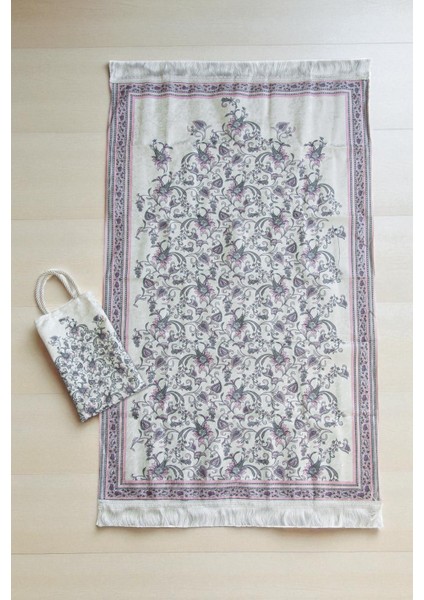 Ipeksi Dokulu Çantalı Kadife Seccade - Lale Desenli, Pratik, Taşınabilir - Lila