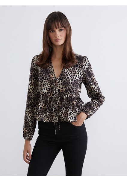Yeni Sezon V Yaka Leopar Desenli Bluz