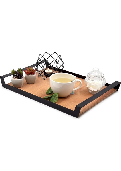 Büyük Ham Renk Servis ve Sunum Tepsisi, Metal Kulplu Ahşap Tepsi - 48,5X32 cm