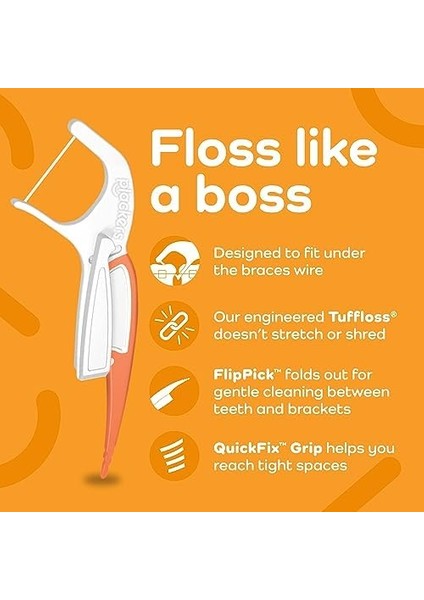 Plackers Orthopick Diş Ipi Diş Teli Için Seçtikleri, 144 Adet (36&apos;lı 4&apos;lü Paket) Süper Tüf Ipi ile Yapılmıştır, Yumuşak, Esnek Kürdan, Diş Teli Nazik, Turuncu