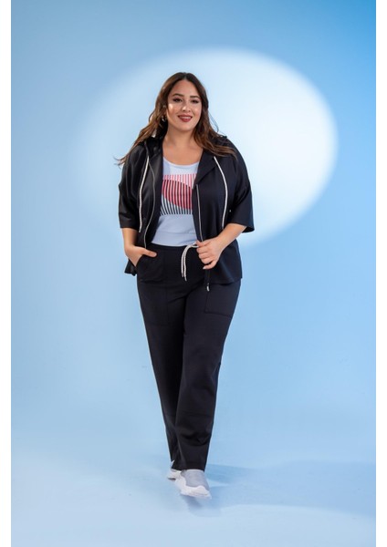 Kadın Büyük Beden Fermuarlı Eşofman Siyah Takımı