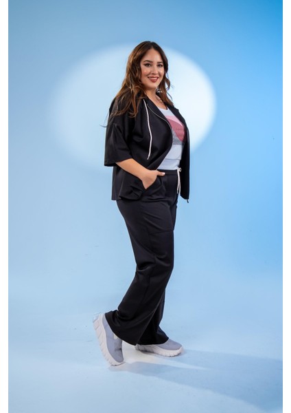 Kadın Büyük Beden Fermuarlı Eşofman Siyah Takımı fiyatları