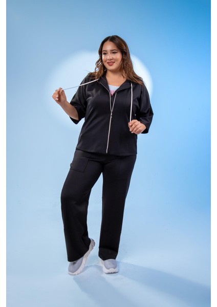 Kadın Büyük Beden Fermuarlı Eşofman Siyah Takımı indirimleri