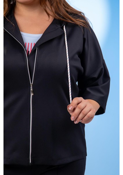 Kadın Büyük Beden Fermuarlı Eşofman Siyah Takımı