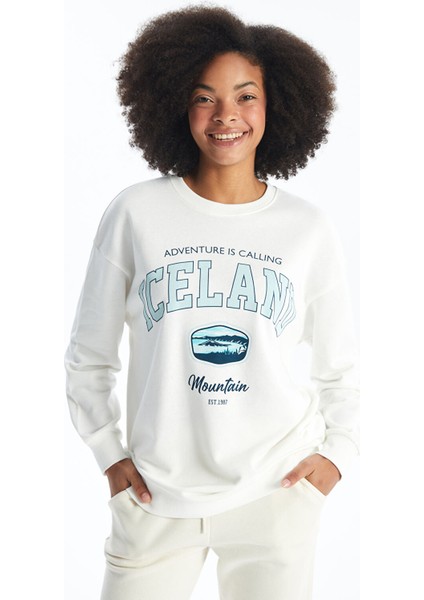 Yeni Sezon Bisiklet Yaka Baskılı Oversize Kadın Sweatshirt