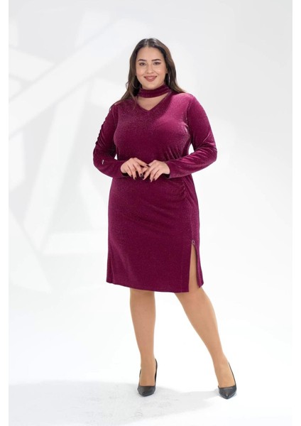 Kadın Büyük Beden Simli Yaka Detaylı Elbise Mürdüm-Simli