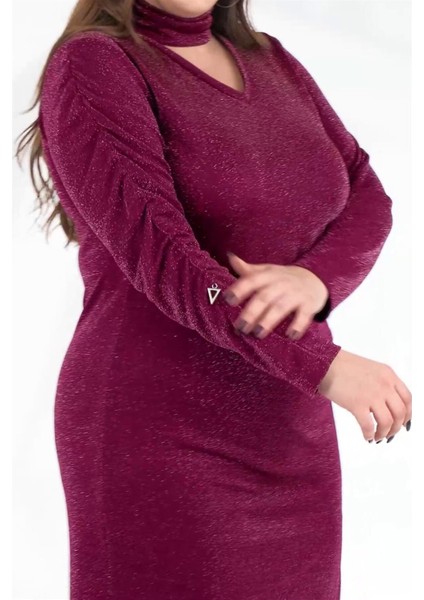 Kadın Büyük Beden Simli Yaka Detaylı Elbise Mürdüm-Simli fiyatları