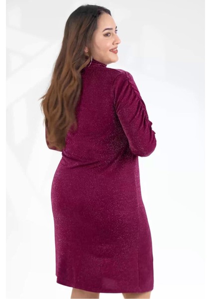 Kadın Büyük Beden Simli Yaka Detaylı Elbise Mürdüm-Simli