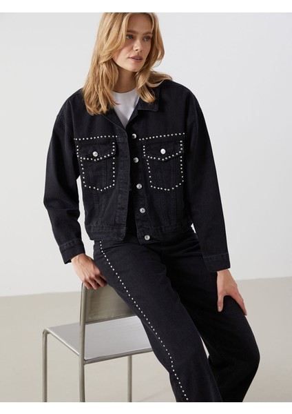 Yeni Sezon Gömlek Yaka Parlak Taşlı Kadın Jean Ceket