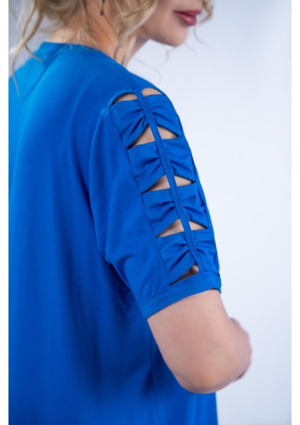 Kadın Büyük Beden Kol Detaylı Bluz Saks Siyah