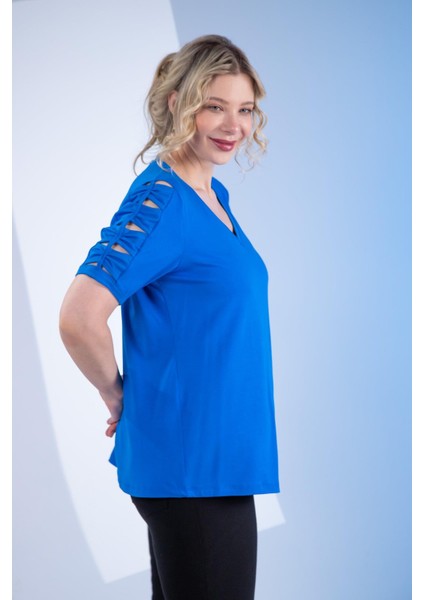 Kadın Büyük Beden Kol Detaylı Bluz Saks Siyah