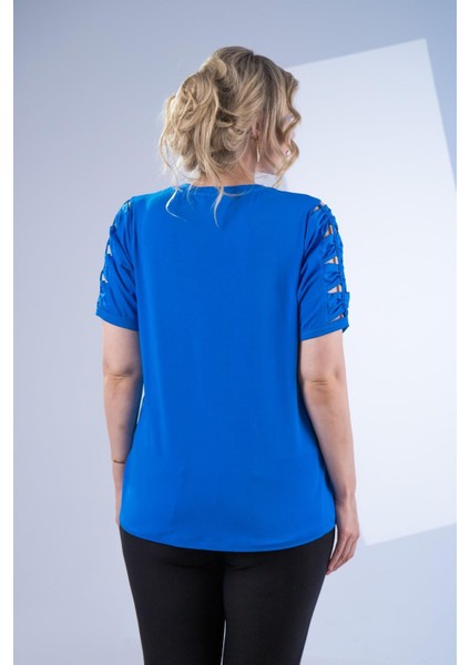 Kadın Büyük Beden Kol Detaylı Bluz Saks Siyah