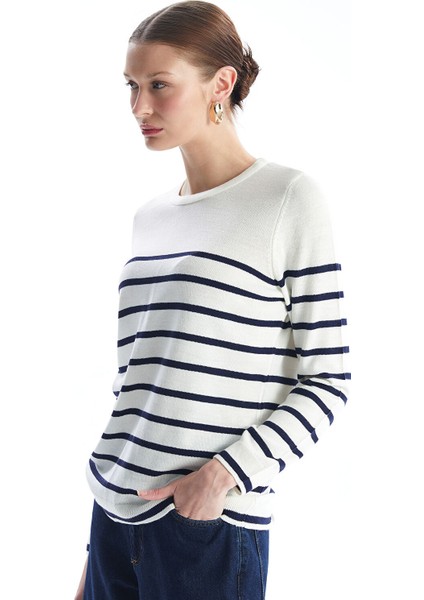 Yeni Sezon Bisiklet Yaka Çizgili Uzun Kollu Kadın Triko Kazak