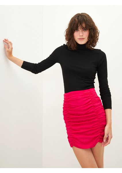 Yeni Sezon Beli Fermuarlı Düz Büzgü Detaylı Viskon Kadın Etek fiyatları