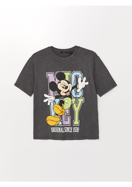 Yeni Sezon Bisiklet Yaka Mickey Mouse Baskılı Kısa Kollu Oversize Kadın Tişört indirimleri