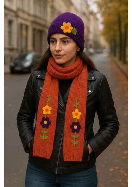 El Örgüsü Çiçek Işleme Kadın Atkı Bere Set