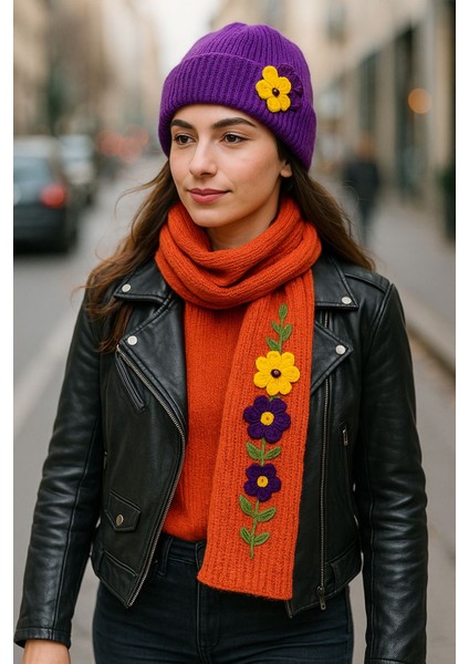 El Örgüsü Çiçek Işleme Kadın Atkı Bere Set fiyatları